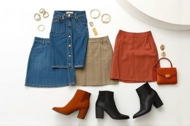 Stylish flat lay of micro-mini skirts and complementary fashion accessories.