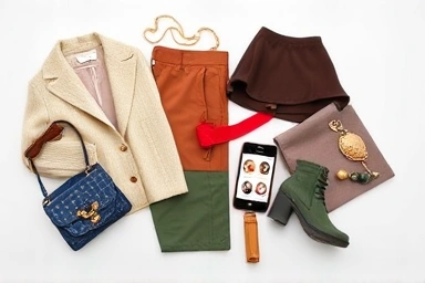 Fashion flat lay with stylized app screen, representing trend discovery.