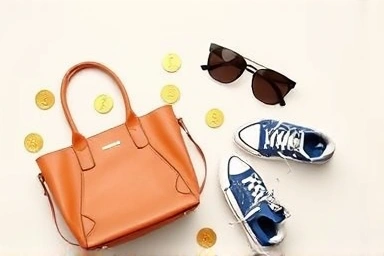 Fashionable items with scattered golden coins, representing savings.