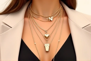 Stylish layering of necklaces on a person, enhancing outfit.