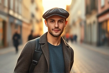 Man wearing newsboy cap, stylish autumn fashion