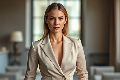 Elegant woman in sophisticated, neutral-toned old money fashion.