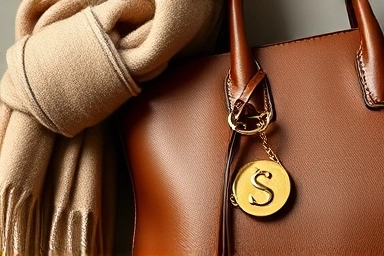 Close-up of luxurious cashmere, leather, and gold accessories.