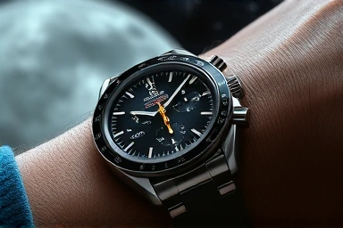 Omega Speedmaster Moonwatch on wrist, moon surface background