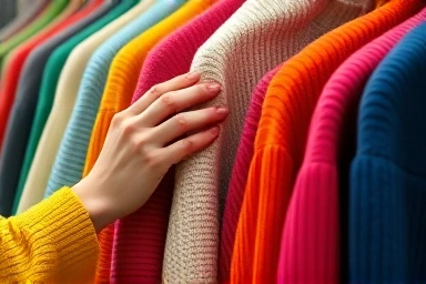 Hands browsing unique vintage sweaters on a rack