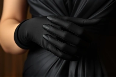 Elegant opera glove on a hand, touching elegant fabric.