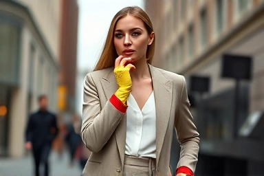 Woman wearing opera glove as a bold fashion statement.