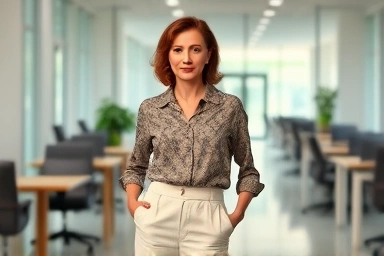 Stylish woman in paisley blouse and cream slacks, sophisticated office look.