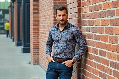 Man in paisley shirt and dark jeans, modern casual urban style.