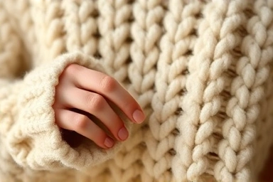 Close-up of popcorn knit texture, showing warmth and detail.
