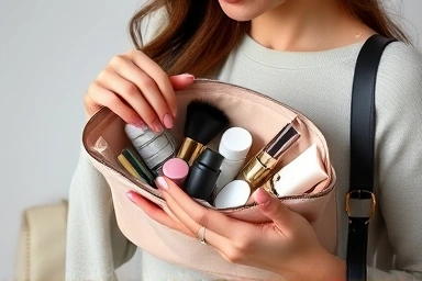 Stylish pouch organizing cosmetics and personal items.