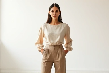 Woman wearing puff-sleeve blouse and trousers