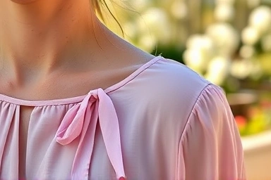 Woman wearing pastel pink chiffon ribbon blouse in soft light
