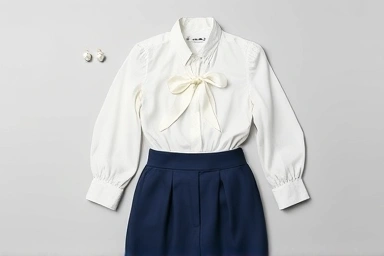 Flat lay of white silk ribbon blouse, navy trousers, and pearls