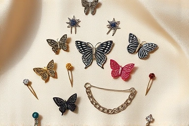 Assorted unique safety pin brooches as fashion accessories.