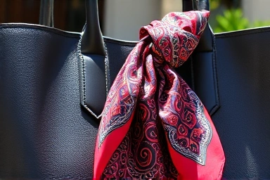 Handbag accessorized with a stylish patterned scarf.