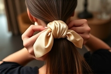 Luxurious silk scrunchie styling a high ponytail, elegant hair accessory