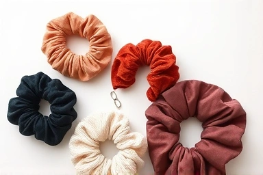 Variety of scrunchies, hair styling accessories, textures and colors