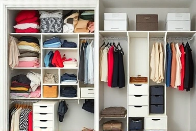Before and after of a cluttered closet vs. organized seasonal clothing.