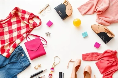Fashion items flat lay with subtle shopping discount elements.
