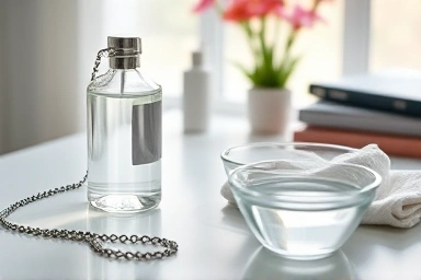 Tools and supplies for safely cleaning silver necklaces at home.
