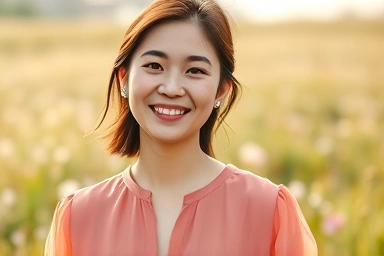 Korean woman in coral blouse, spring fashion, warm skin tone