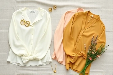 Spring blouse colors and fabrics, fashion flat lay, elegant styling