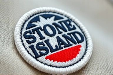 Pristine Stone Island badge, detailed embroidery, vibrant colors, luxury craftsmanship.