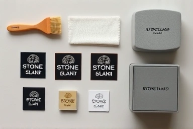 Stone Island badges, care items, flat lay, organized, premium maintenance.