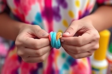 Hands tying fabric for vibrant tie-dye creation.