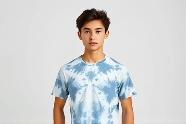 Stylish person wearing a unique, modern tie-dye t-shirt.