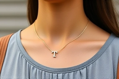 Woman wearing Tiffany T Smile necklace with casual outfit.