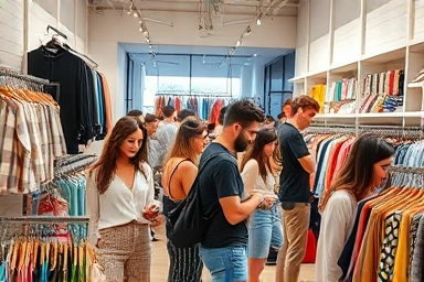 Shoppers browsing trendy clothes in a bright, modern store.