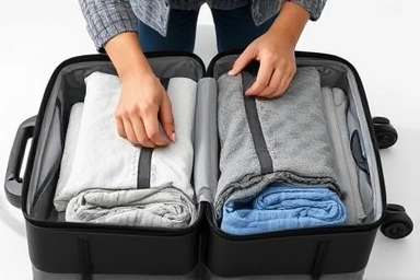 Efficient suitcase packing with rolled clothes and compression bags.