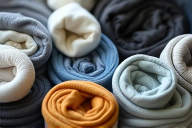 Close-up of clothes rolled tightly for compact packing.