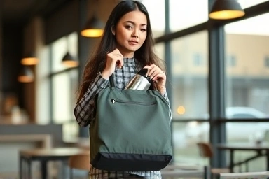 Stylish tumbler bag used in a cafe setting.