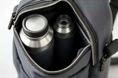 Inside view of a functional tumbler bag with bottle holder.