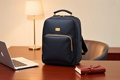 Sleek Tumi Alpha Bravo backpack on a professional desk