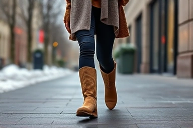 Woman wearing stylish Ugg boots in winter city fashion.