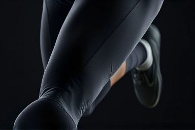 Runner's leg in Under Armour compression wear, showing muscle support.