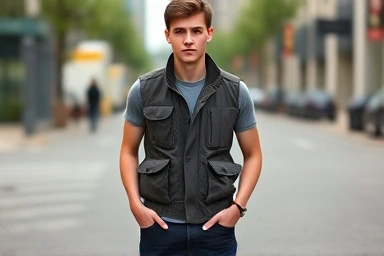 Stylish person wearing a modern utility vest in an urban setting.