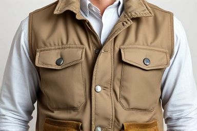 Close-up of a utility vest layered over a shirt, highlighting texture.
