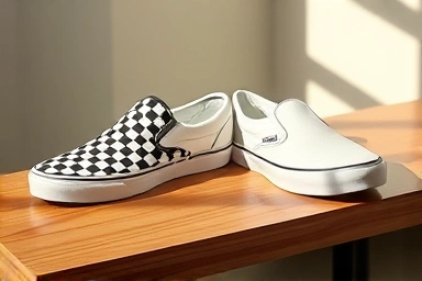 Stylish Vans Vault Slip-On shoes on a wooden surface.