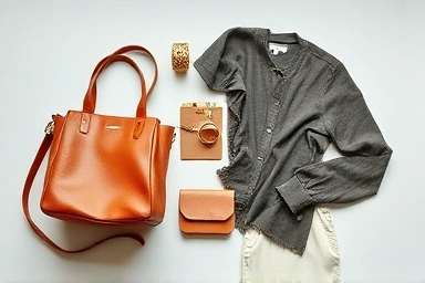 Curated fashion items, unique designer brands, minimalist flat lay, personal style