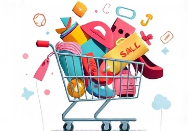 Abstract shopping cart filled with fashion items and sale graphics.