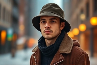 Stylish winter outfit with a fashionable bucket hat.