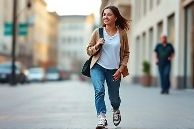 Stylish woman wearing chunky sneakers on a city street.