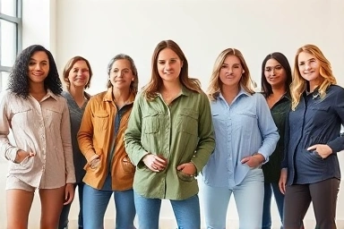 Women styling versatile utility shirts in fashion studio.