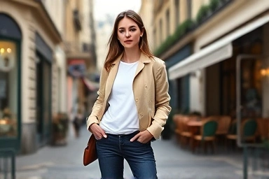 Woman wearing beige chore jacket, Parisian street style, effortless chic