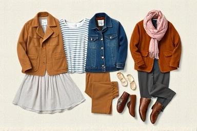 Chore jacket outfit flat lay, fashion styling essentials, women's casual chic